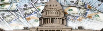 image of the US Capitol building with 100 dollar bills blanketing the sky above
